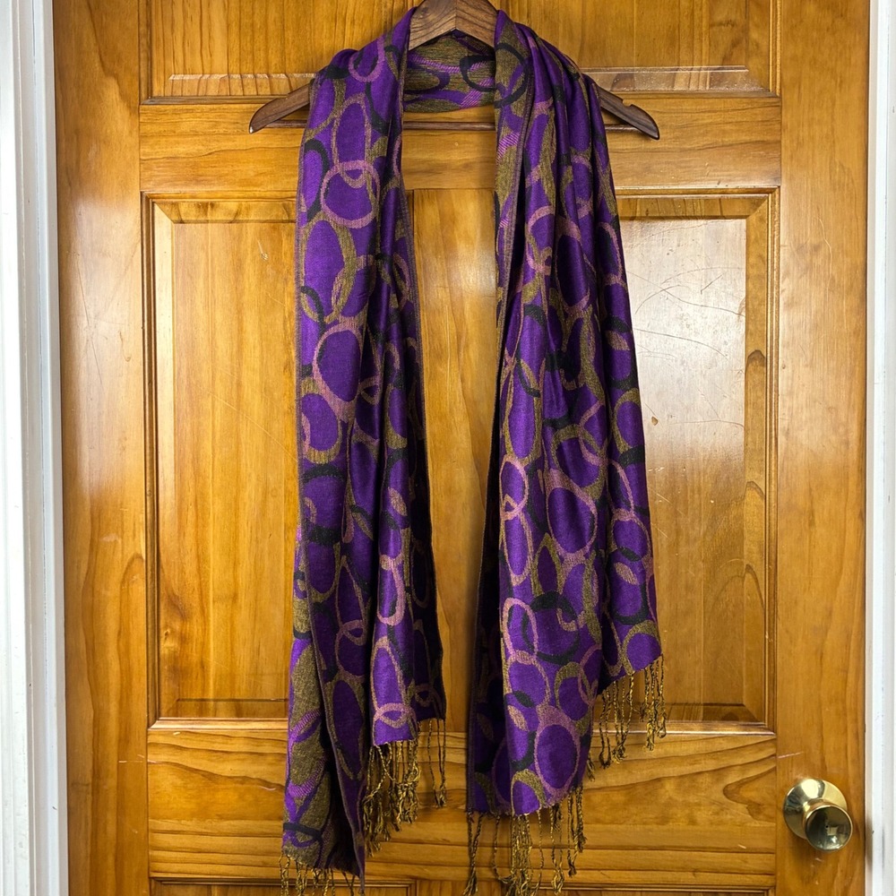 Pashmina Purple Gold Geometric Circle Print Fringe Wrap Scarf Shawl 68x27